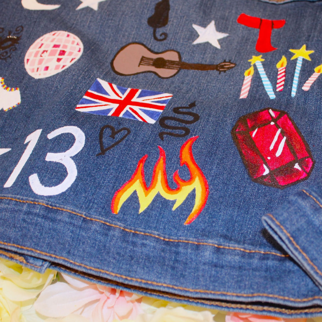 Taylor Swift inspired Children's hand painted denim jacket for girls based on Eras Tour, Fearless, Sparks Fly, Speak Now, Midnights, Folklore, Evermore, 1989, Red Albums