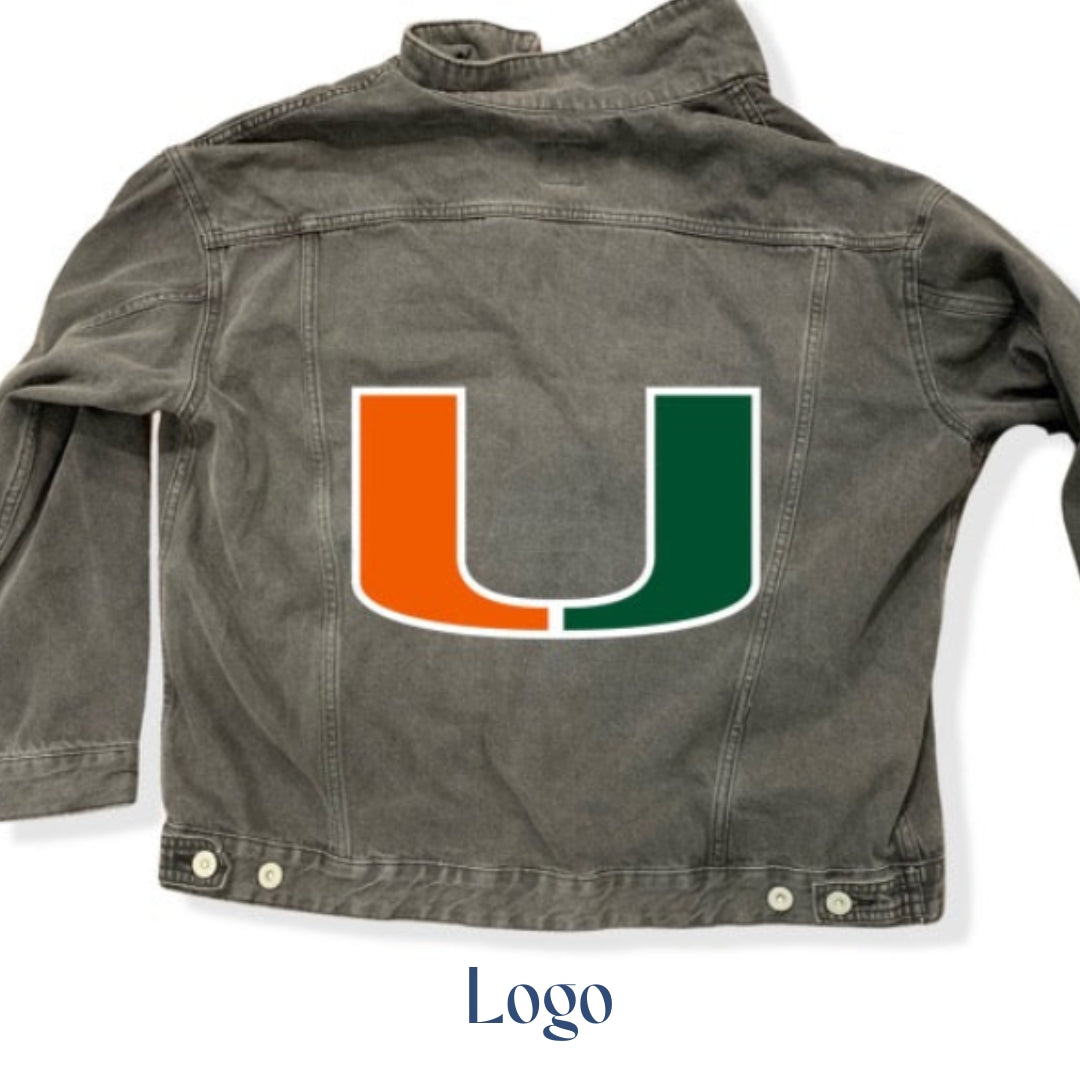 University of Miami Hurricanes Gameday Gear Sebastian the Ibis, Coral Gables Florida, Hand painted denim jacket, black denim for women