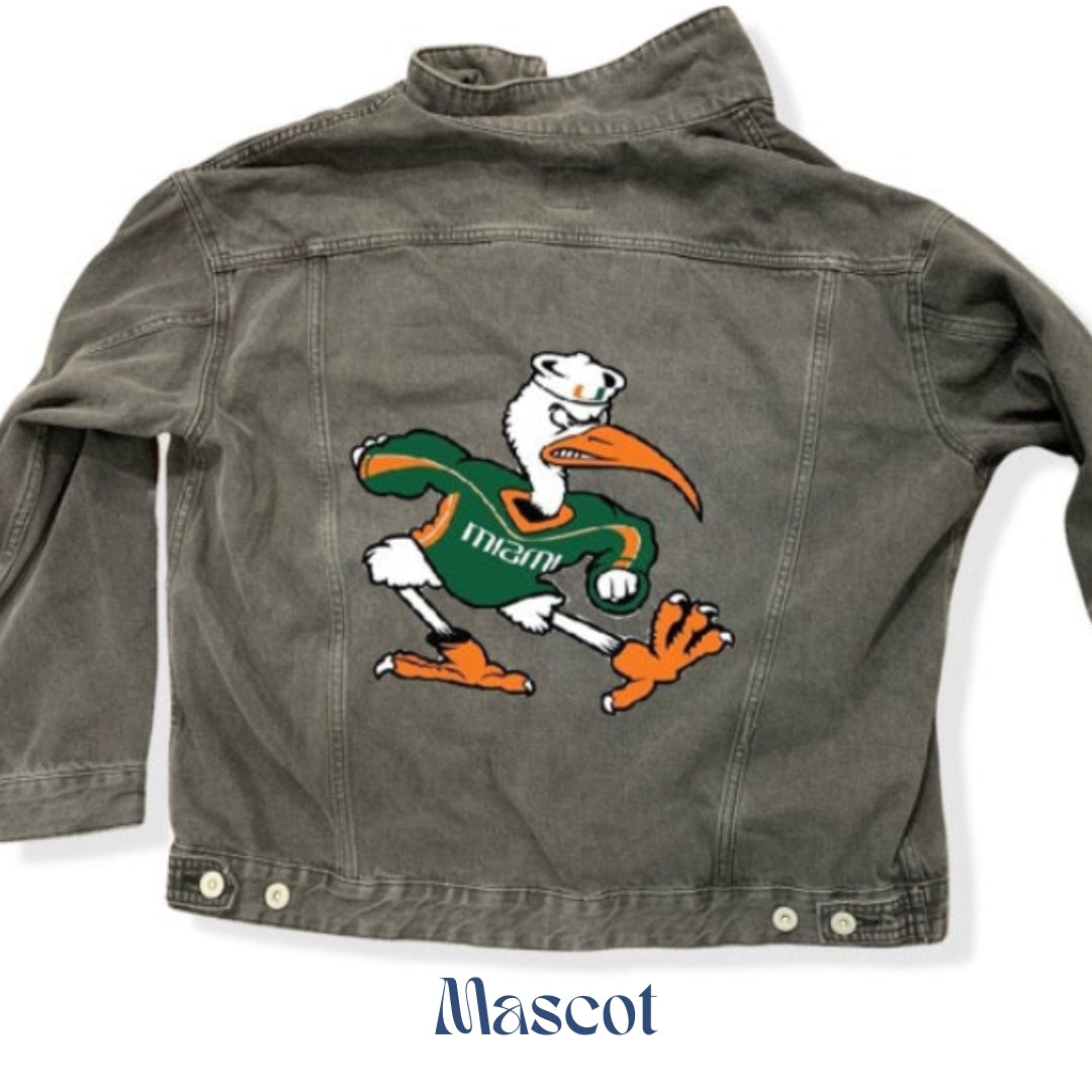 University of Miami Hurricanes Gameday Gear Sebastian the Ibis, Coral Gables Florida, Hand painted denim jacket, black denim for women