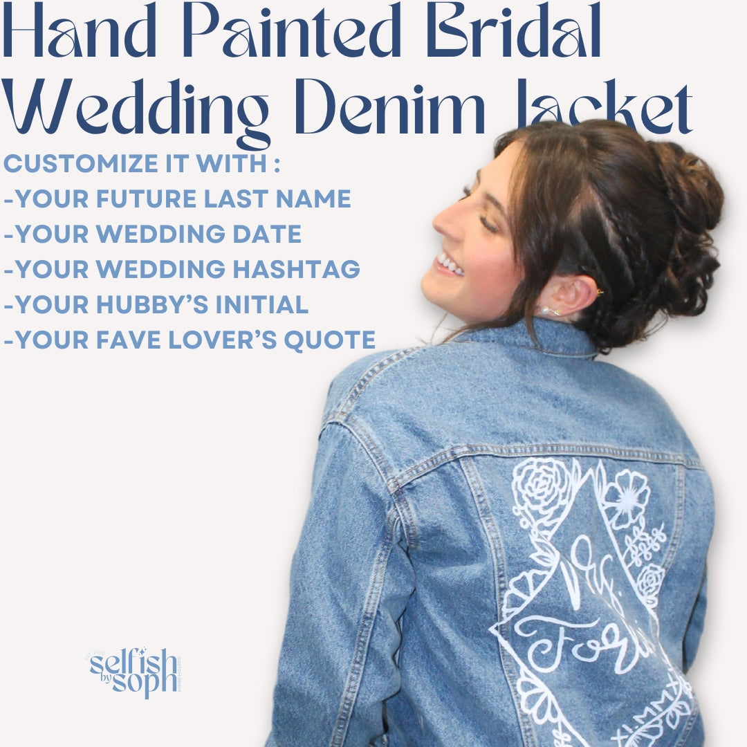 Hand-Painted Bridal Denim Jacket featuring delicate flowers, personalized with initials and love quote. Unique and chic fashion for a memorable wedding day. #BridalStyle #WeddingFashion