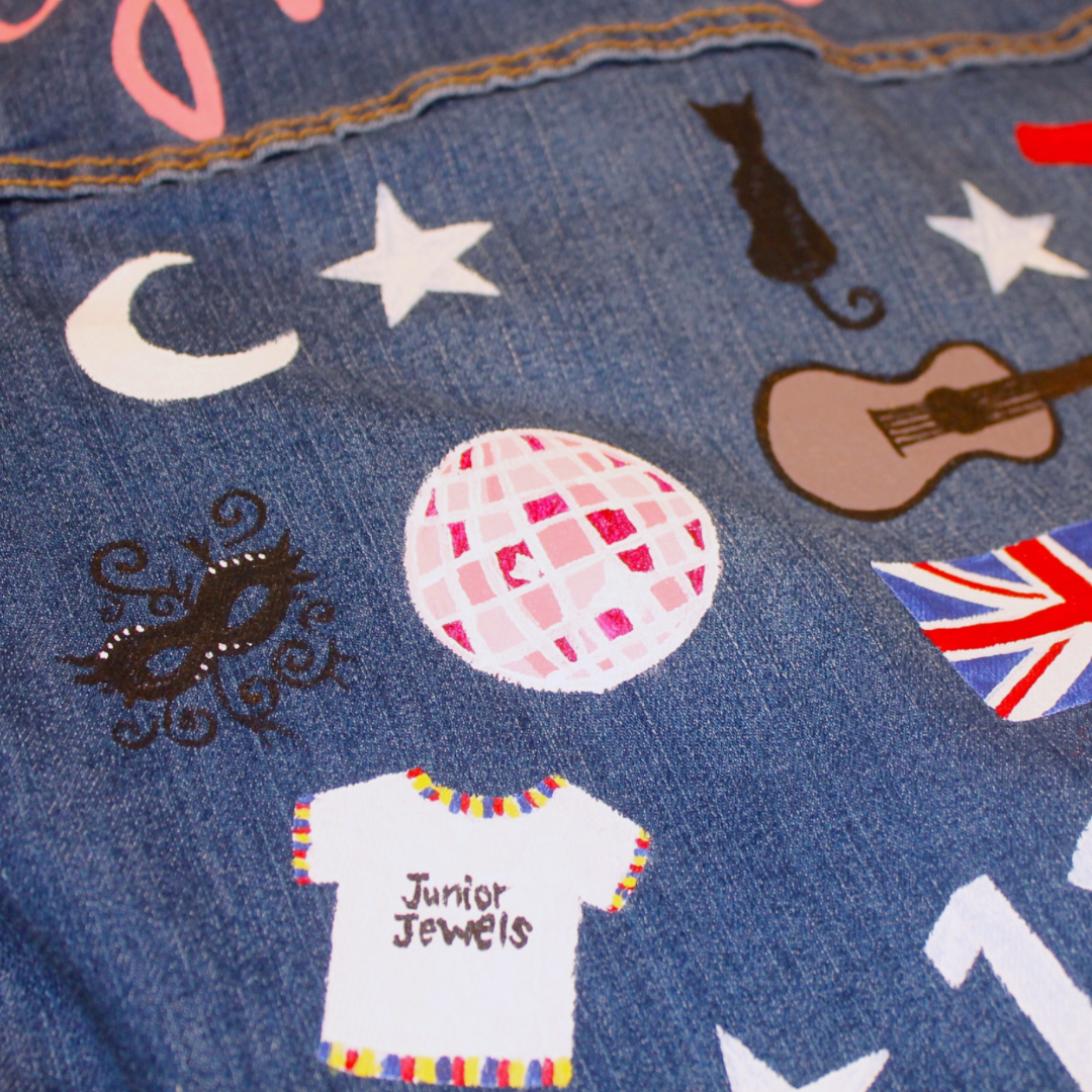 Taylor Swift inspired Children's hand painted denim jacket for girls based on Eras Tour, Fearless, Sparks Fly, Speak Now, Midnights, Folklore, Evermore, 1989, Red Albums