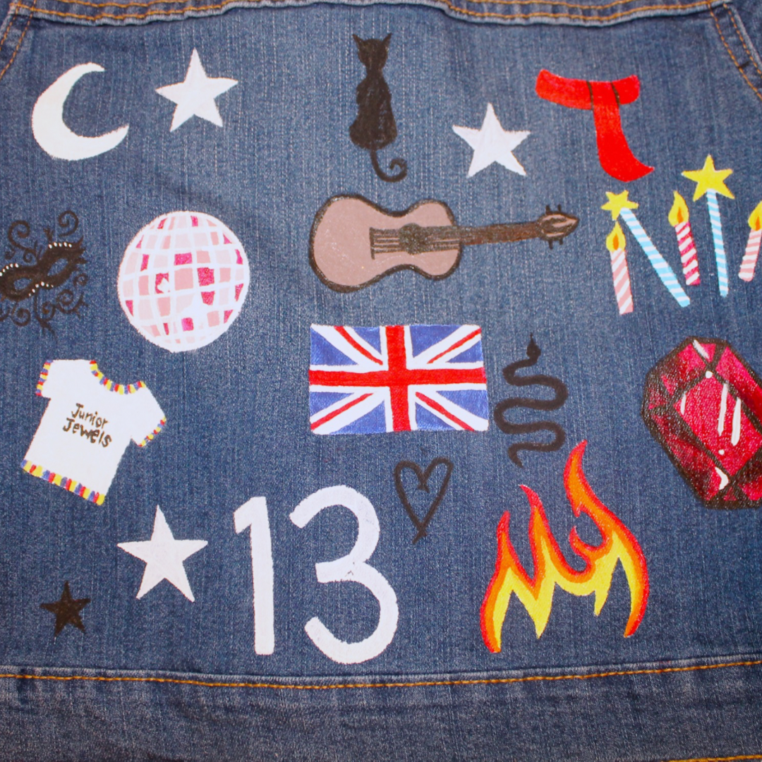 Taylor Swift inspired Children's hand painted denim jacket for girls based on Eras Tour, Fearless, Sparks Fly, Speak Now, Midnights, Folklore, Evermore, 1989, Red Albums