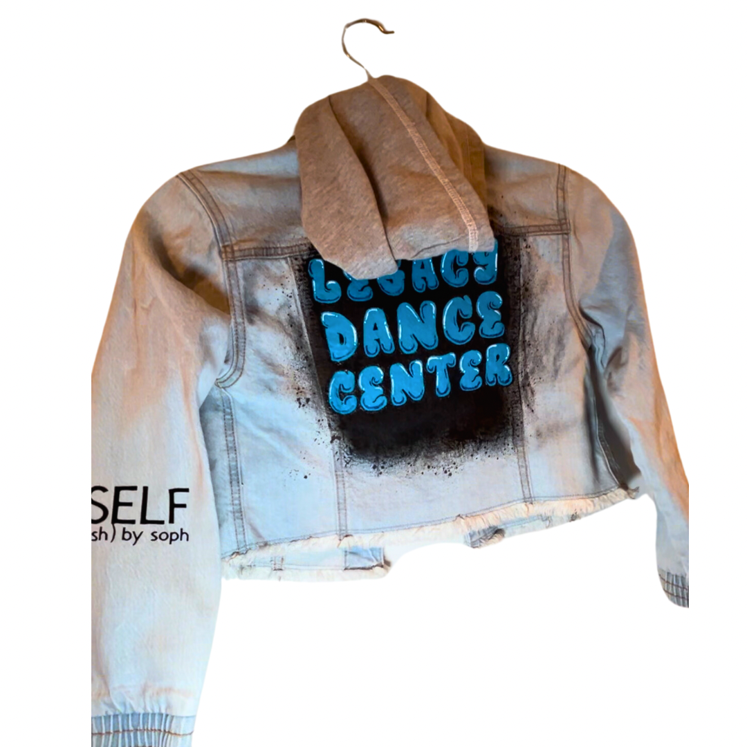 Legacy Dance Center custom hand painted denim jacket for children, girls. Blue denim. Black spray paint. Hand painted graffiti.