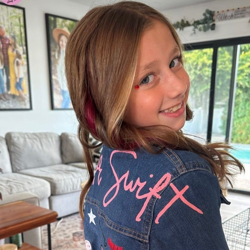 Taylor Swift inspired Children's hand painted denim jacket for girls based on Eras Tour, Fearless, Sparks Fly, Speak Now, Midnights, Folklore, Evermore, 1989, Red Albums