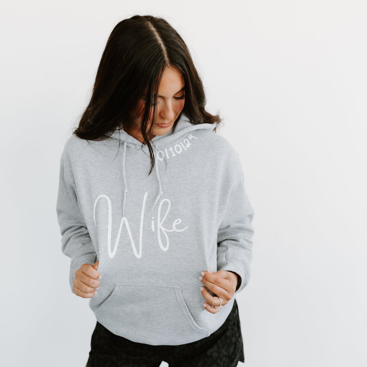 gray hooded sweatshirt wife hand painted customized with wedding date sentimental personalized marriage bride to be wedding gift ideas