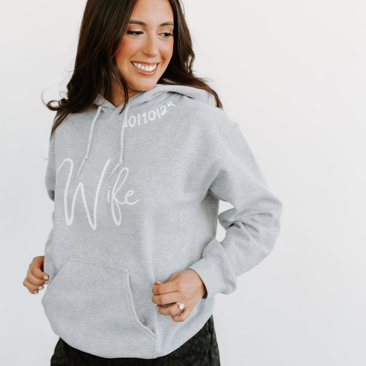 gray hooded sweatshirt wife hand painted customized with wedding date sentimental personalized marriage bride to be wedding gift ideas