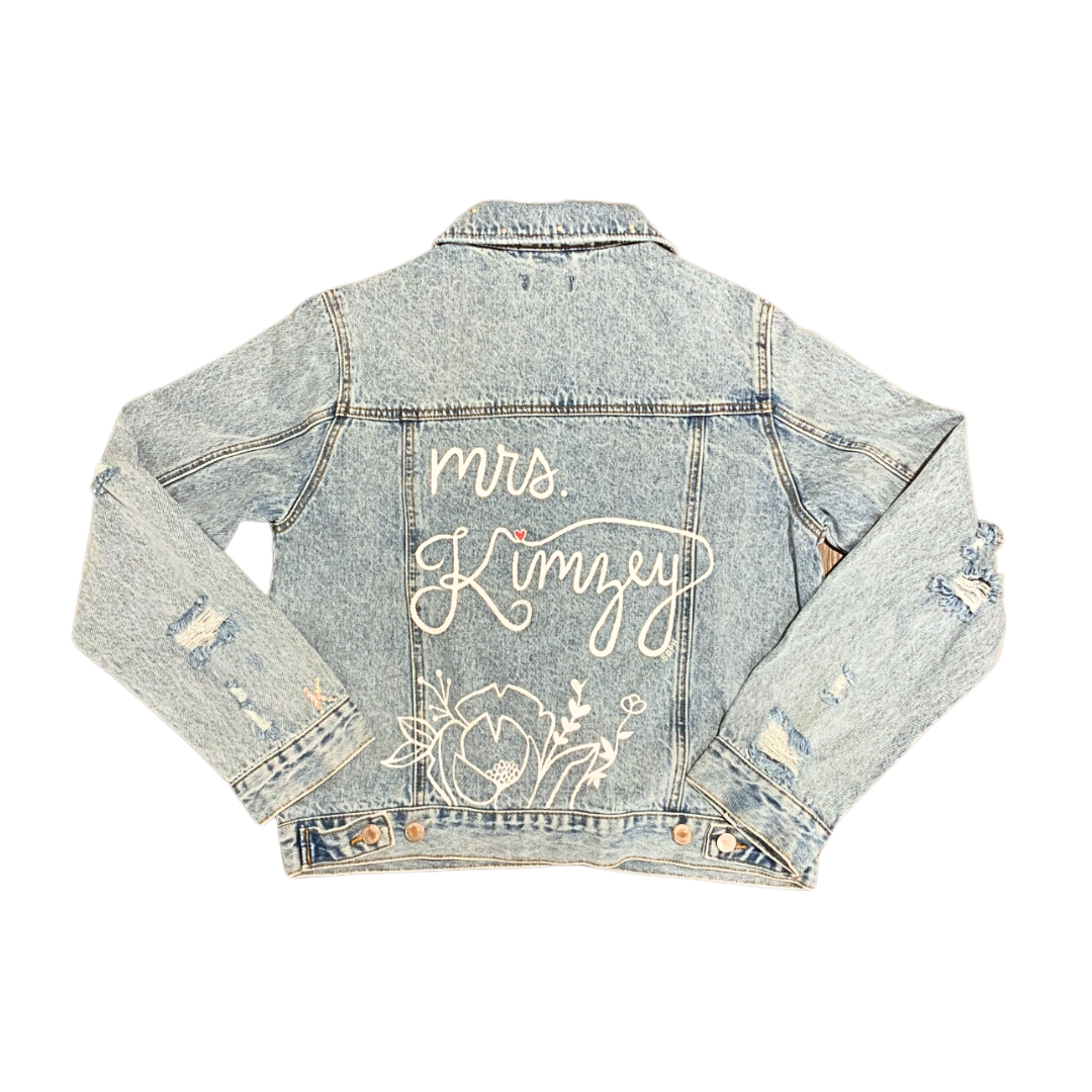 Women's blue denim jacket for bride, I do, future mrs., new last name, rhinestones, flowers, bridal, wedding