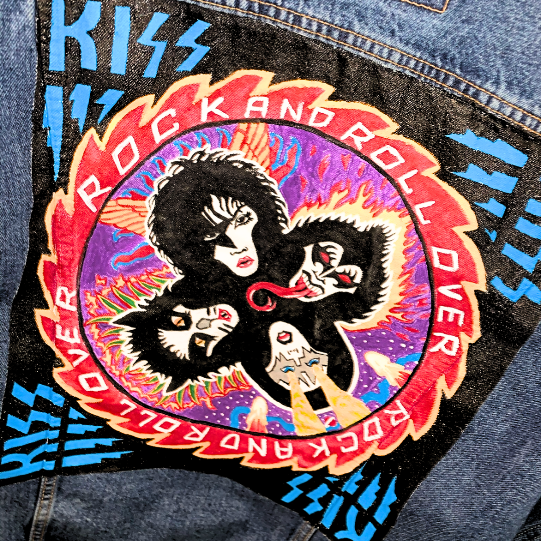 Kiss hand painted men's denim jacket, Levi's, 80s fashion, album covers, gifts for men, hand painted art, wearable art, men's fashion