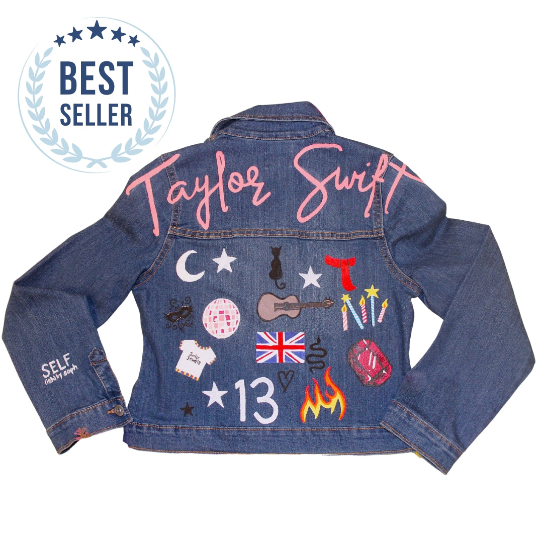 Taylor Swift inspired Children's hand painted denim jacket for girls based on Eras Tour, Fearless, Sparks Fly, Speak Now, Midnights, Folklore, Evermore, 1989, Red Albums