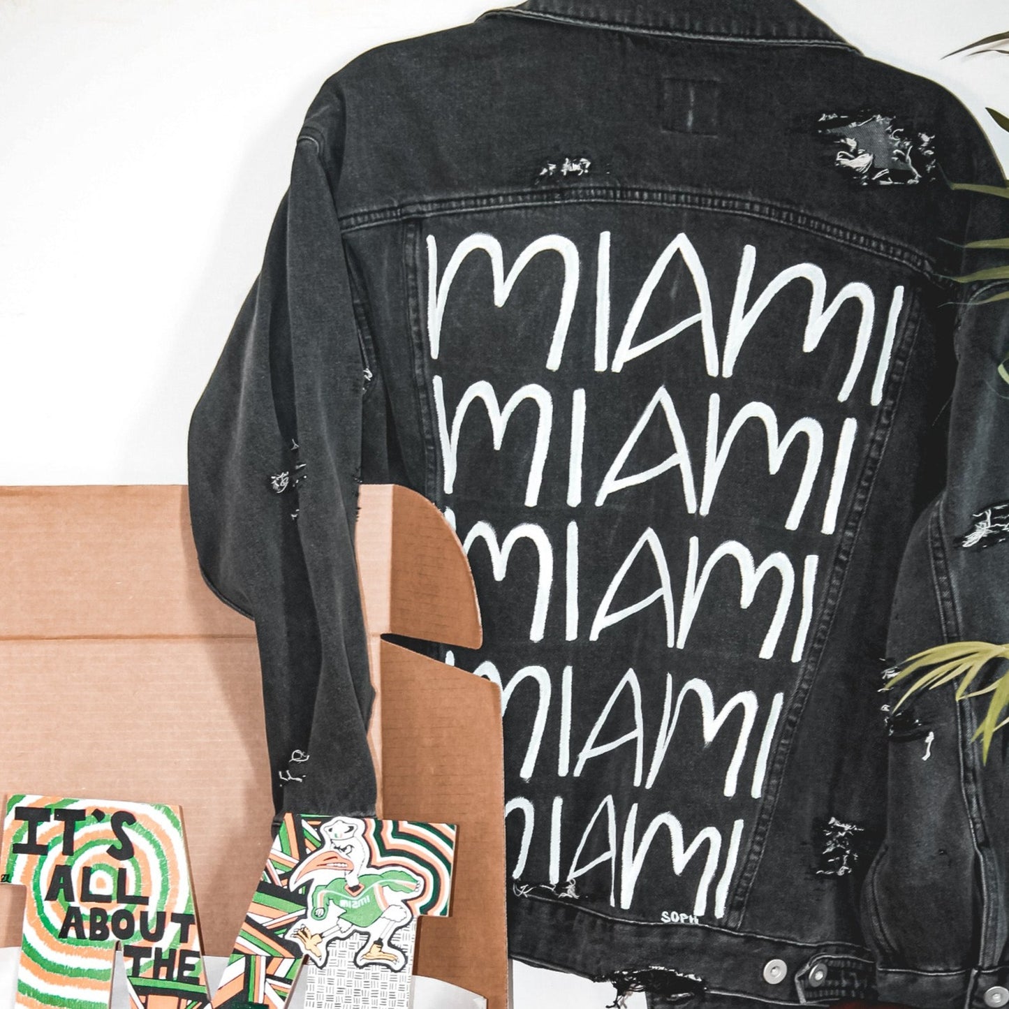 University of Miami Hurricanes Gameday Gear Sebastian the Ibis, Coral Gables Florida, Hand painted denim jacket, black denim for women