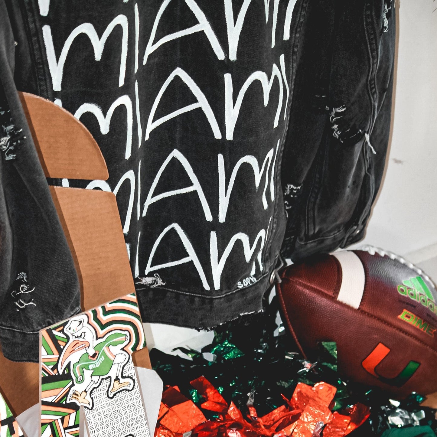University of Miami Hurricanes Gameday Gear Sebastian the Ibis, Coral Gables Florida, Hand painted denim jacket, black denim for women