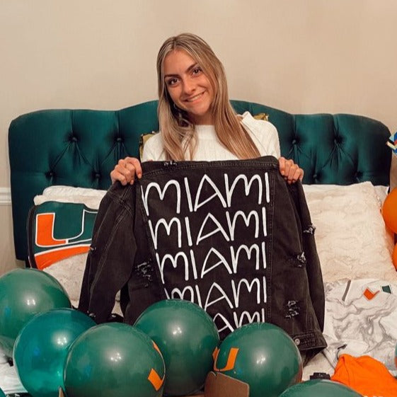 University of Miami Hurricanes Gameday Gear Sebastian the Ibis, Coral Gables Florida, Hand painted denim jacket, black denim for women