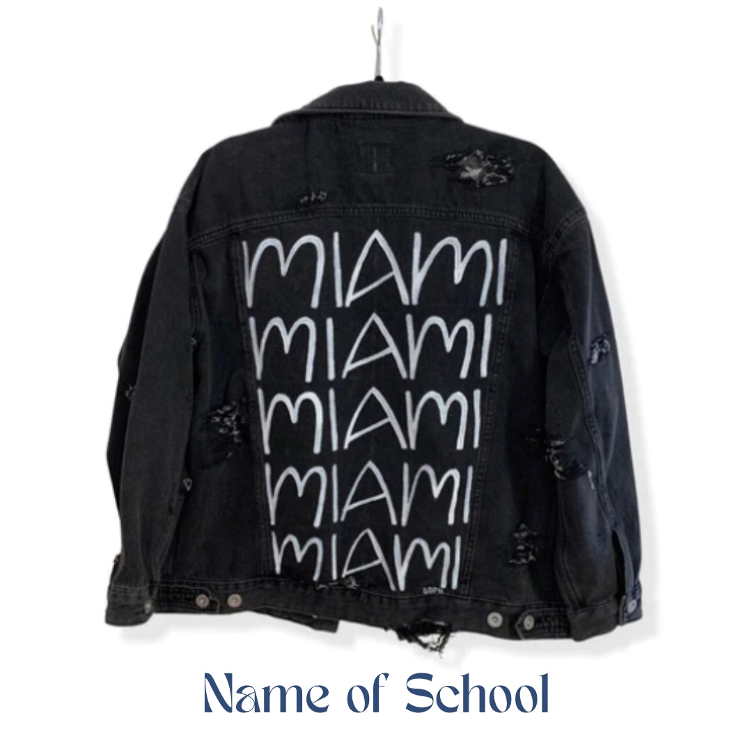 University of Miami Hurricanes Gameday Gear Sebastian the Ibis, Coral Gables Florida, Hand painted denim jacket, black denim for women