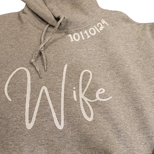 Hand-painted Wife Gray Sweatshirt, minimalist design, personalized with wedding date. Chic and comfortable fashion for timeless style. #WifeFashion #PersonalizedSweatshirt