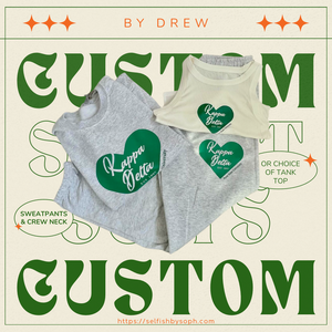 Picture of a custom sweatsuit from By Drew, available in either a cozy crew neck or a breezy tank top, with customizable colors and embellishments.