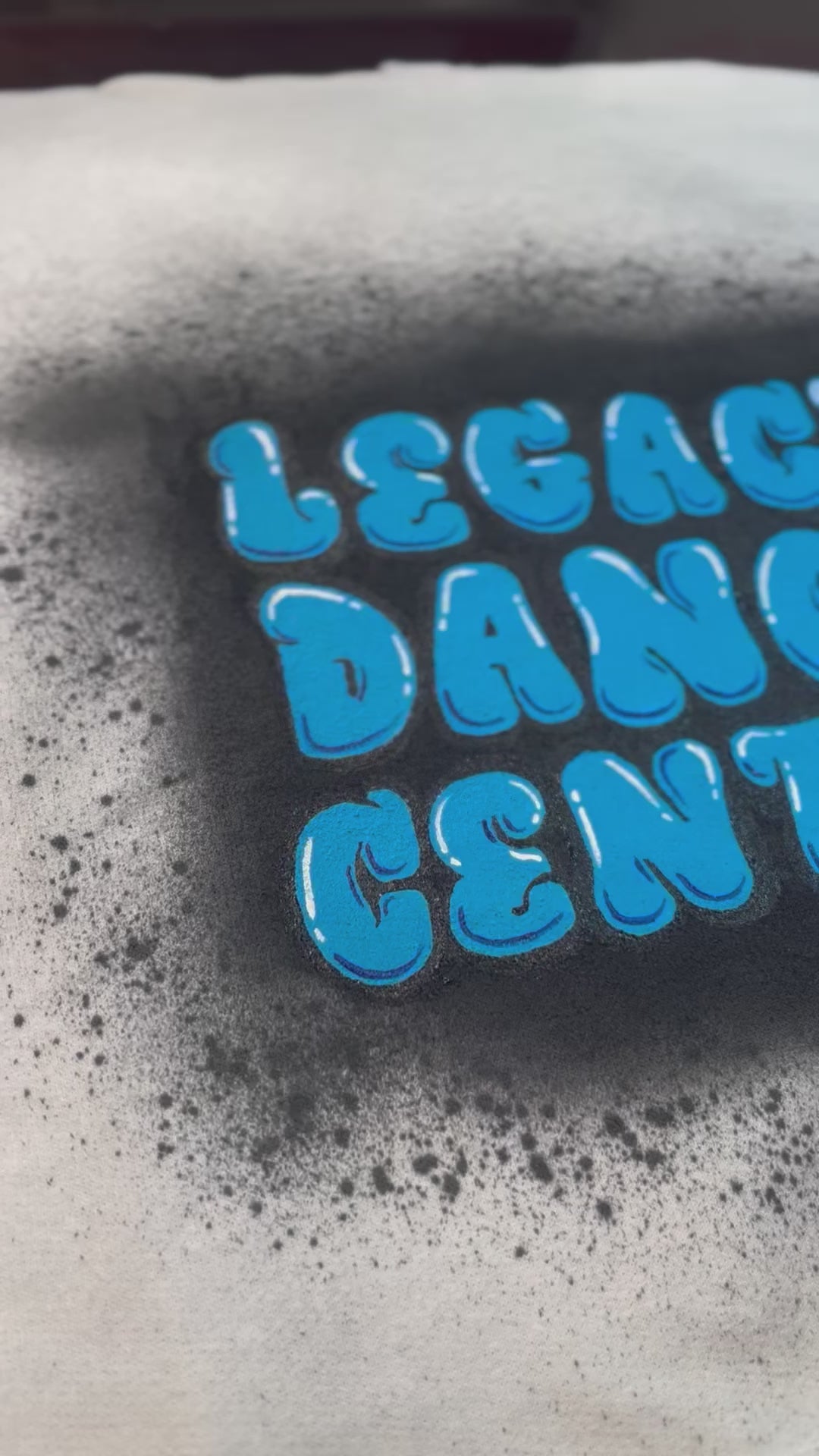 Legacy Dance Center custom hand painted denim jacket for children, girls.  Blue denim.  Black spray paint.  Hand painted graffiti.  
